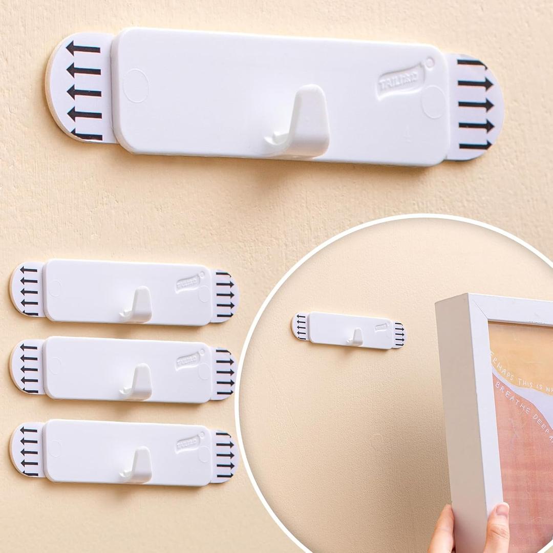 TAILI Picture Hangers 4 Pack, Adhesive Hanging Hooks Without Nails, No Damage Sawtooth Hangers, Art Hanger for Bathroom Kitchen Home Door Closet, Inclue 2 Extra Strips