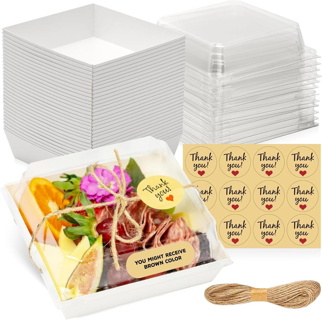 50 Pack Small Charcuterie Boxes with Clear Lids - To Go Paper Mini Charcuterie Box, Disposable Food Containers, 5Inch Dessert Boxes - Sandwich, Cookie, Sushi, Cake Slice, Strawberries (White)