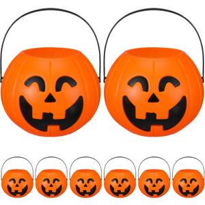 8 Pcs Plastic Pumpkin Buckets Trick or Treat Halloween Candy Baskets with Handle 6.7 x 5.1 Inches Plastic Pumpkin Large Candy Basket for Halloween Trick or Treat Party Supplies (Smile)