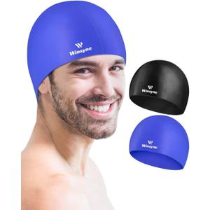 2 Pack Silicone Swim Cap for Men Women, Unisex Adult Swimming Caps for Short/Long Hair to Keep Hair Dry, Waterproof Bathing Caps for Swimming with Ear Plugs & Nose Clip Set (Black&Purple)