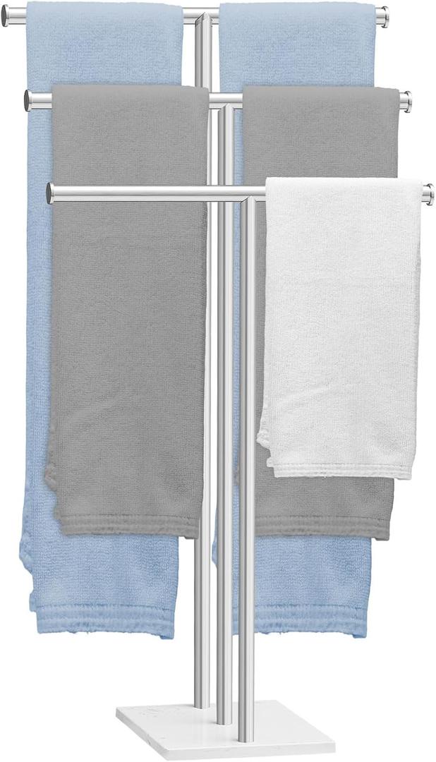 Suzile 3 Tier Standing Towel Rack with Marble Base for Bathroom Freestanding Towel Rack Stainless Steel Holder Stand for Floor Next to Tub or Shower for Bathroom Bedroom Laundry Room