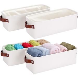 Small Fabric Storage Bins, 15x6x5 inch Narrow Storage Baskets 4-Pack Long Storage Basket for Organizing with Handles, Decorative Basket for Closets, Shelves, Toilet Paper, White