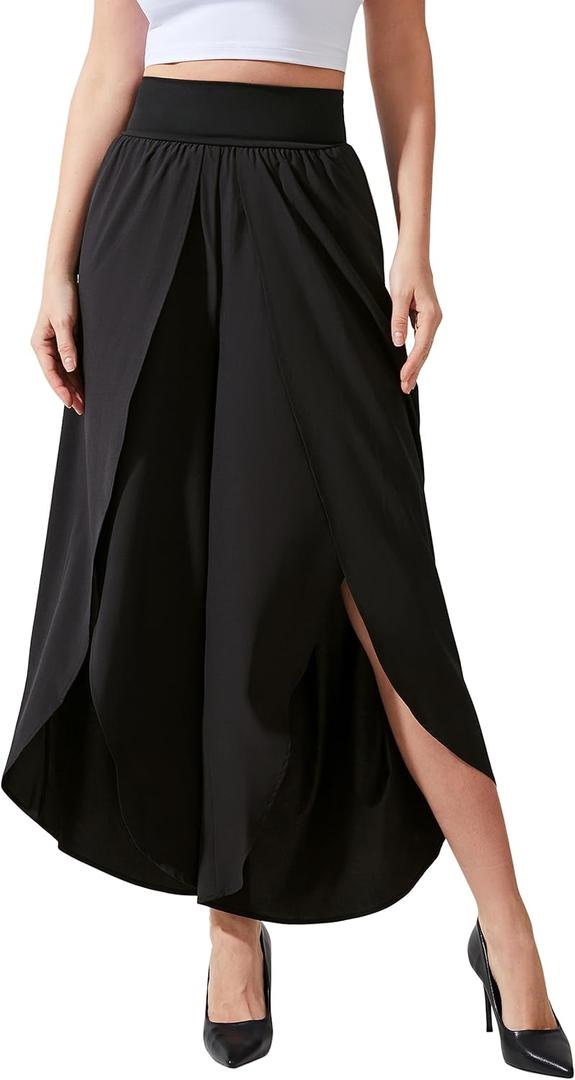 Wide Leg Pants for Women Split Flowy Palazzo High Waisted Summer Beach Casual Crop with Pocket (XX-Large, Black)