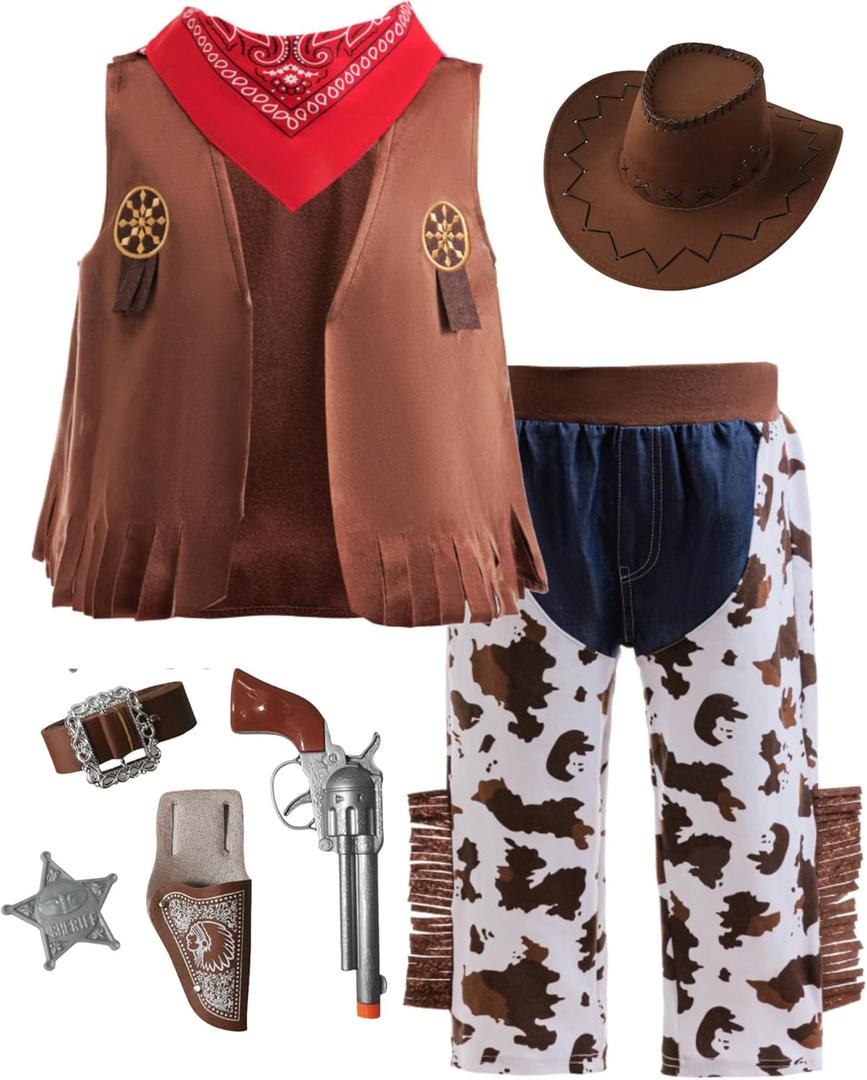 Cowboy Costume for Kids Cosplay Western Role Play Dress Up Halloween Costume Vest Pants Kerchief Hat (7-8Years)