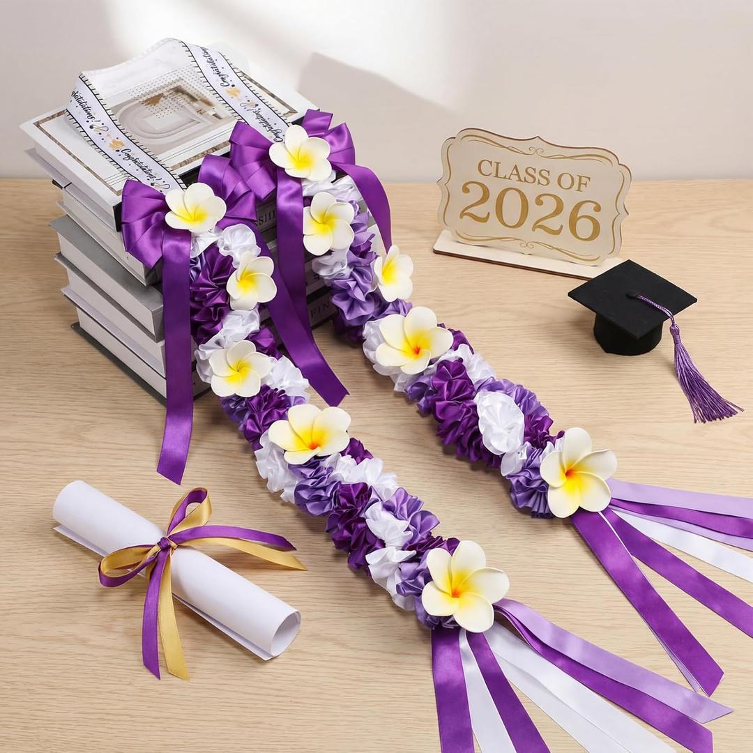 Plumeria Graduation Lei 2026 Purple White Hawaiian Ribbon Graduation Braided Lei with Flowers for Adults Class of 2026 School College Student Congrats Grad Gifts Party Accessories