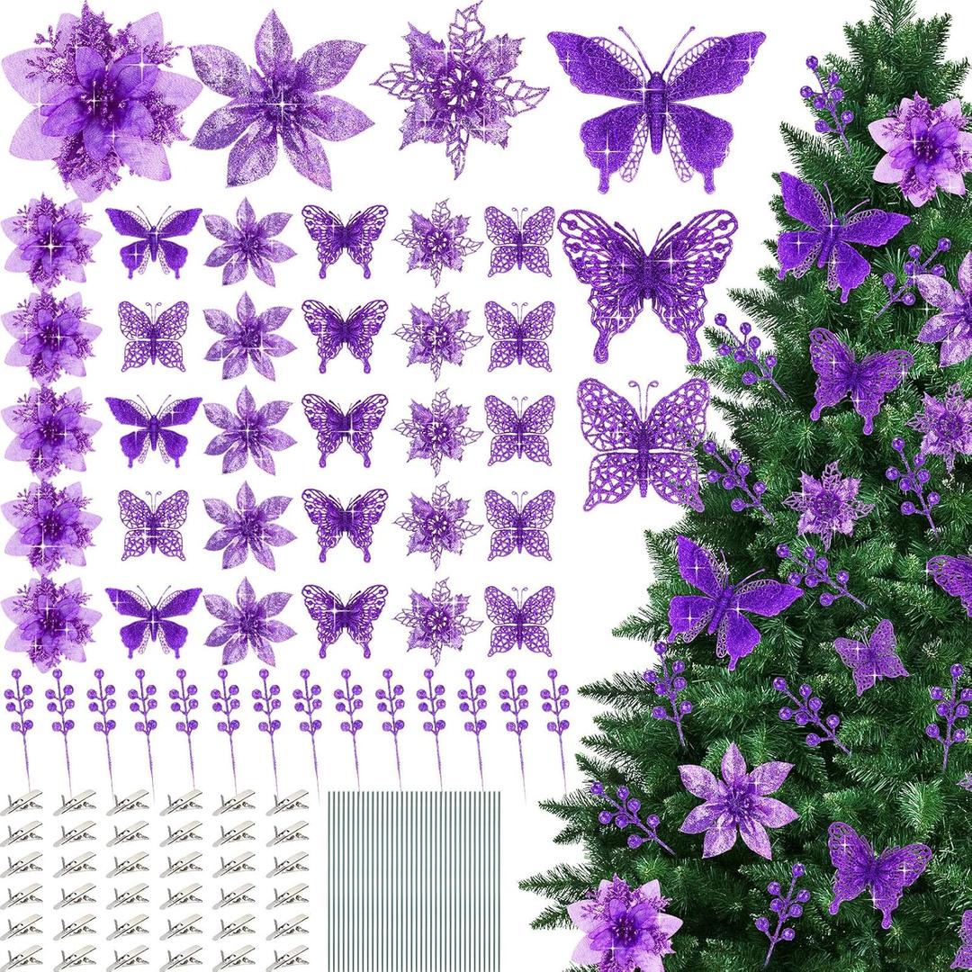 122 Pcs Christmas Glitter Poinsettia Artificial Flowers Berry Picks Butterfly Christmas Tree Ornaments 3 Styles Poinsettia kit with Clip for Xmas Wreath Home Tree Decor(Purple)
