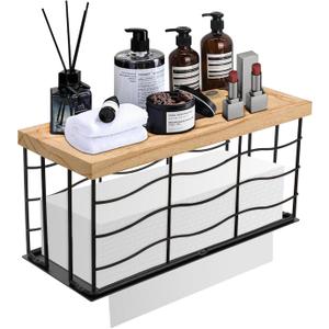 Paper Towel Dispenser, Metal Paper Towel Holder with Wood Lid, Commercial Napkin Dispenser, Tri-Fold Paper Towel Stand for Home Bathroom Kitchen, Wall Mounted & Countertop (Matte Black)