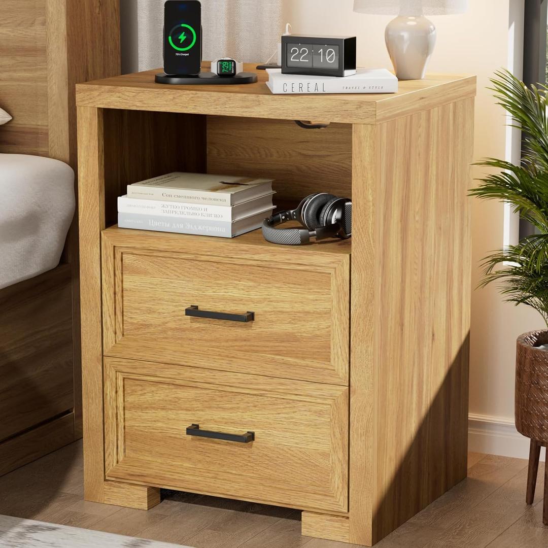 Nightstand with Charging Station, End Table with 2 Drawers, Wood Rustic Sofa Side Table with Open Storage Shelf, for Bedroom, Living Room, Natural Oak (1pcs)