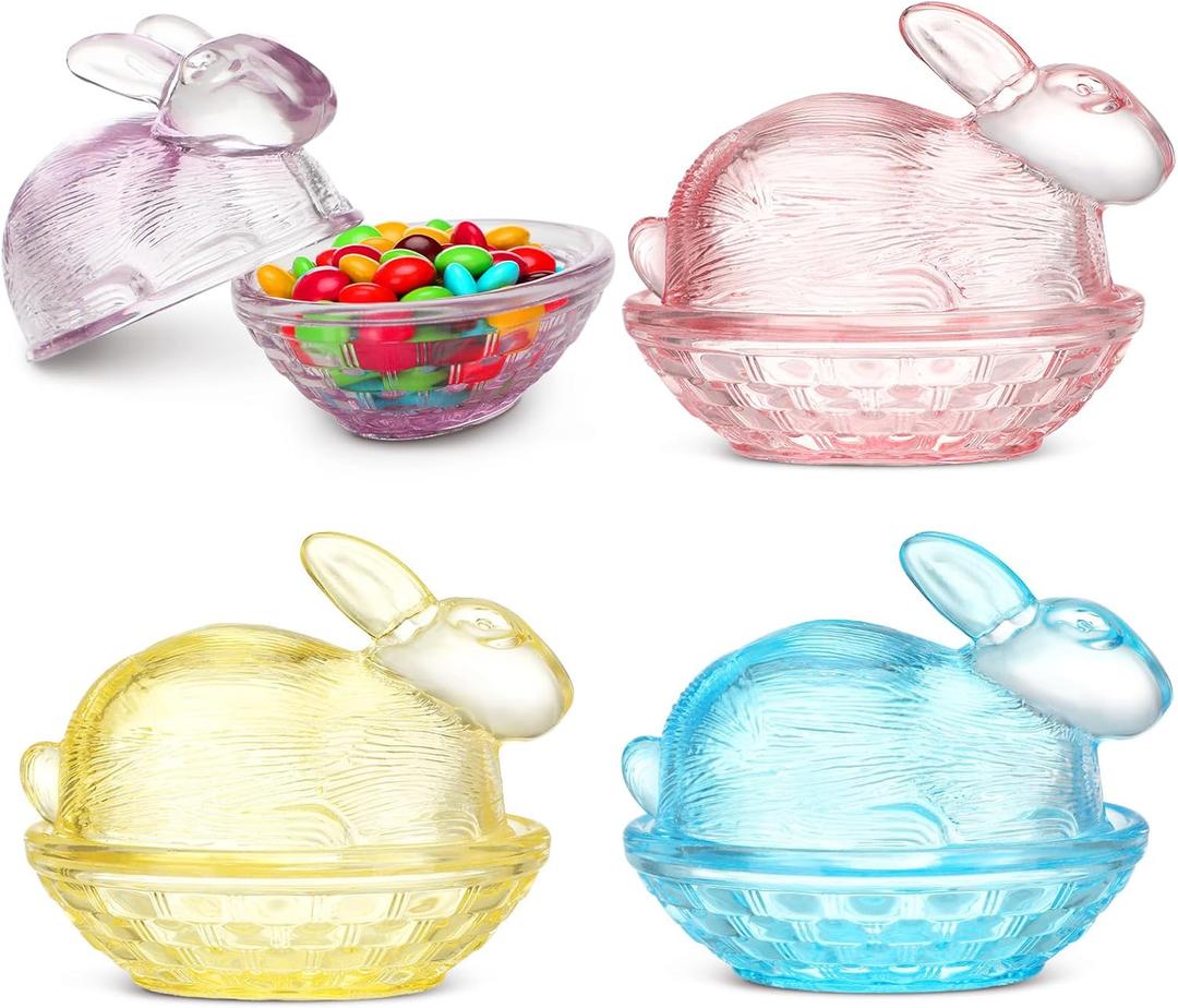 FoldTier 4 Pcs Easter Candy Dish Colorful Bunny Glass Candy Jar with Lid Bunny Cookie Sugar Storage Bowl Decorative Glass Dish for Spring Easter Table Decorations Gift Party Supply