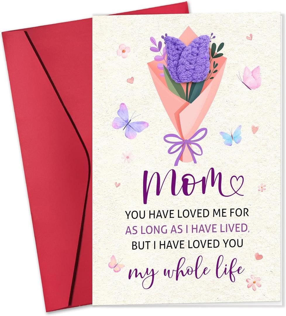 2 x Pawzity Mothers Day Cards for Mom from Daughter Son Kids Toddlers - Happy Flowers Mothers Day Cards from Kids for Mother - 5.3''x 8'' Sentimental Card with Handmade Knitted Flower Crochet & Envelope