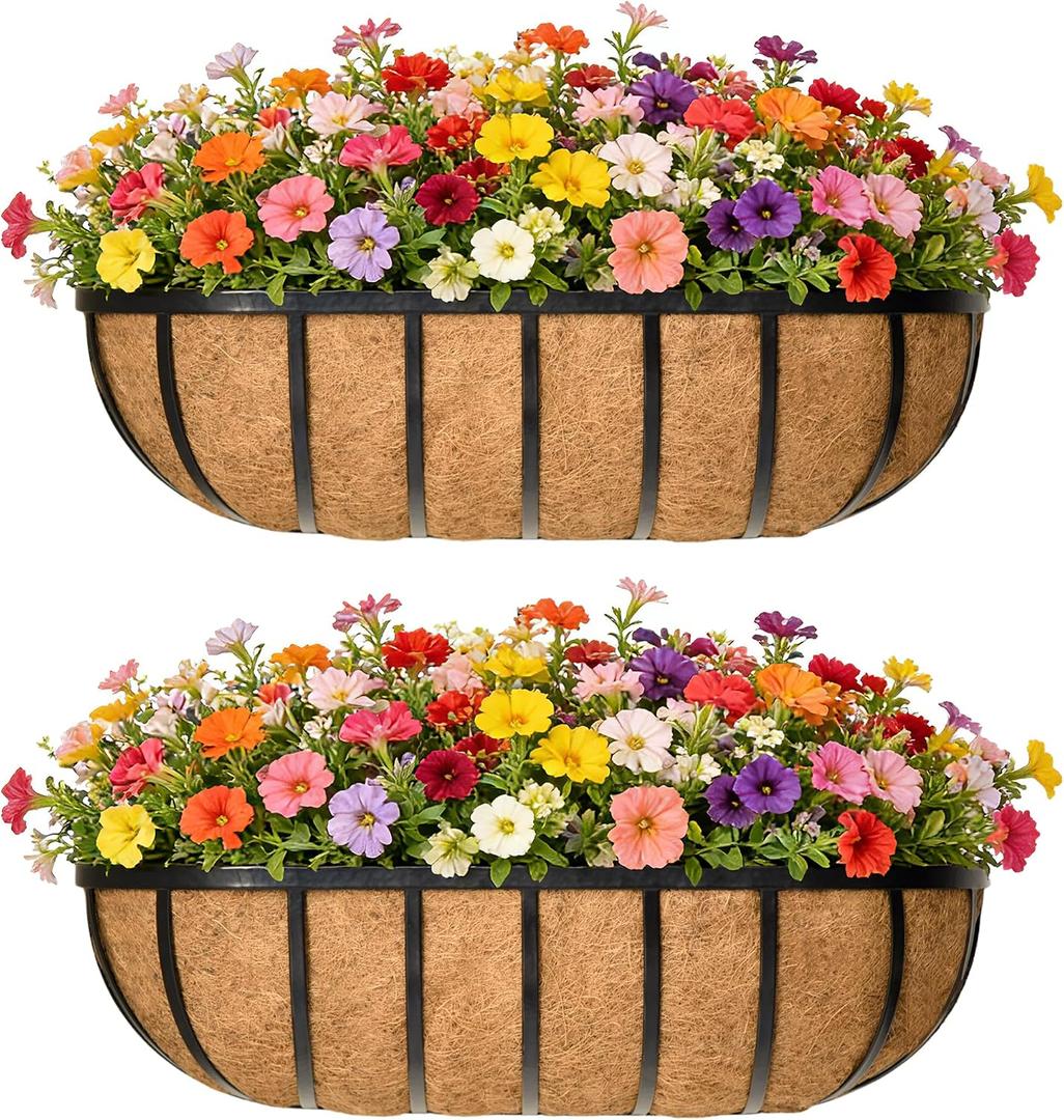 24 Inch Railing Planter Window Box Deck Balcony Rail Planter with Coco Liner Metal Wall-Mounted Coconut Liner Planter Basket English Horse Trough Planters for Outdoor Balcony Porch Fence (2 Pack)