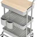 3 Tier Rolling Cart, with Table Top, Rolling Storage Cart with Handles and Locking Wheels, Utility Cart with 2 Small Baskets and 4 Hooks for Bathroom. Office, Balcony, Living Room (Grey)