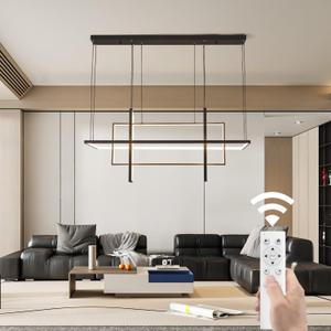 Modern LED Pendant Light Chandelier for Dining Room, Black 4-Lights Remote Control Pendant Lighting for Living Room Kitchen Island Dimmable Color Changing (Black, 43.3in/110cm) 
