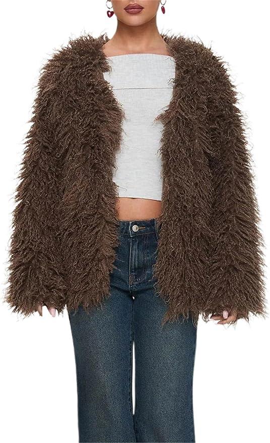 Womens Faux Fur Jacket with Pockets Long Sleeve Lapel Fluffy Oversized Shearling Winter Coat Outerwear, Size L, Brown