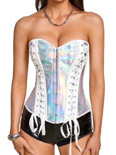 ChiaoLezhee Women's Metallic Leather Overbust Corset Top Reflective Punk Festival Rave Outfits Laser Strapless Sparkly Latex Lace-Up Sexy Bustier Halloween Club Party,Silver Holographic,Medium