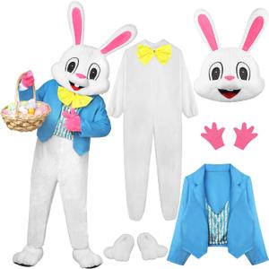 SOMSOC 6 Pieces Easter Bunny Costume Set Adult Rabbit Costume One Piece Suit Waistcoat Bow Tie Shoes Party Favors 3XL