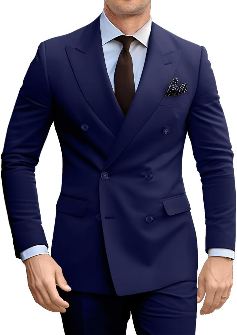 Double Breasted Suit Men Slim Fit 2 Pieces Suit Blazer Pants Formal 2 Button Tuxedo Jacket for Wedding Business Prom (4X-Large, Navy)