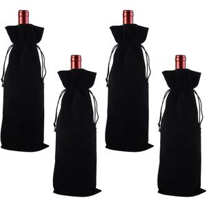Beebeecraft 4Pcs 14.8x6 Inch Velvet Wine Bags Drawstring Champagne Wine Gift Bags Black Reusable Congrats Drinking Bottle Wrapping Pouches for Birthday Dinner Wedding Party