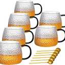 Viovian 15oz Glass Coffee Mugs Set of 6 Vintage Coffee Cups With Handles,Embossed Glass Mug for Hot Cold Beverage Clear Tea Cup for Women Birthday Gifts