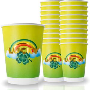 Cheerland St. Patrick's Day Disposable Paper Cups Shamrock Clover Rainbow Tableware for Green Party kids Birthday St Paddy's Day Celebrations Irish Party St Patty Decorations Supplies - Pack of 20