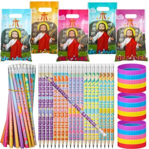 Ireer 180 Pcs Easter Party Favors Set He Lives Gifts Includes 60 Pcs Plastic Easter Goody Bags 60 Pcs Silicone Wristband Religious Pencils for School Home Party Favors