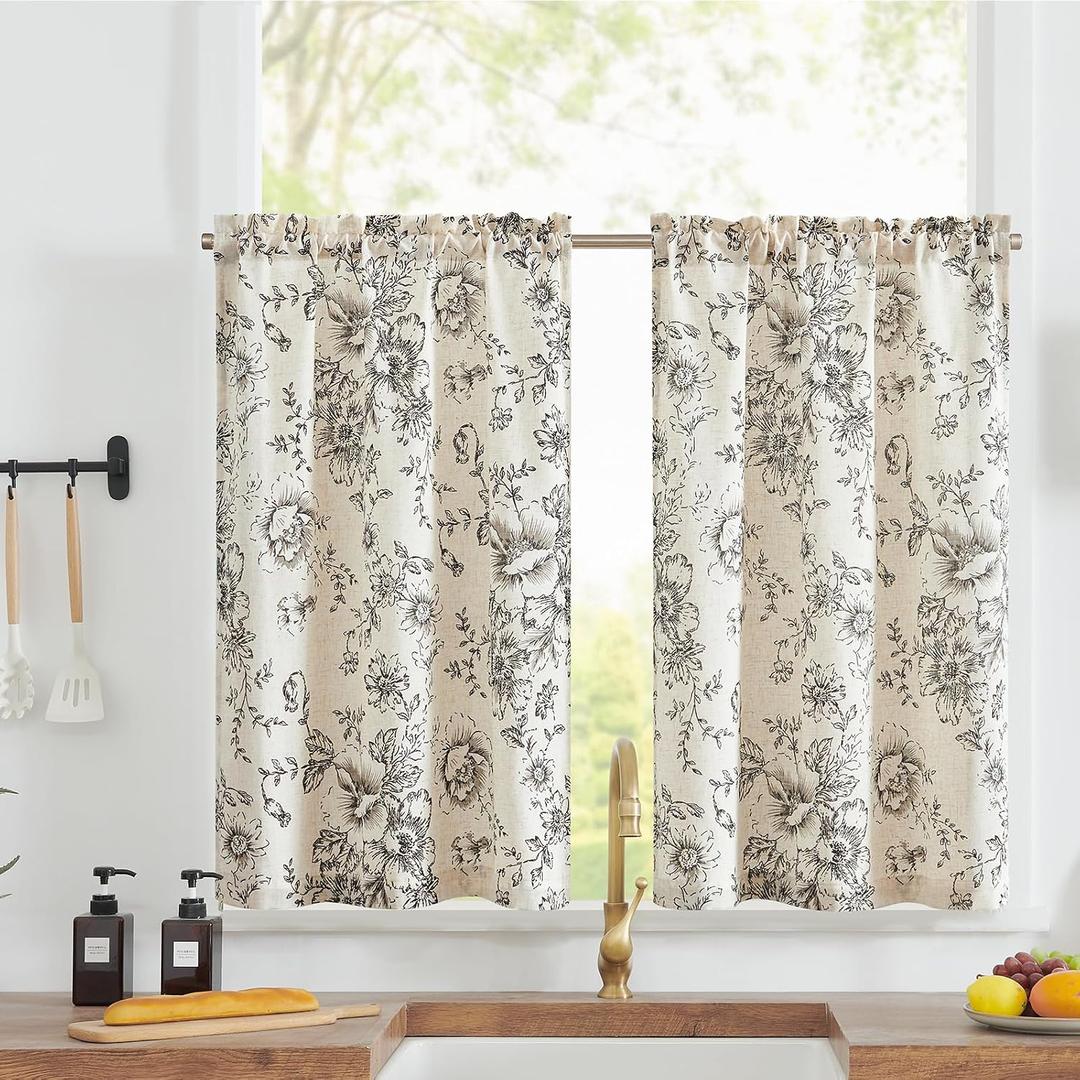 jinchan Floral Linen Tier Curtains 36 Inch Farmhouse Botanic Cafe Drapes for Small Windows Rustic Half Window Curtains for Kitchen Living Room Bathroom Laundry 2 Panels Black on Beige, 26"W x 36"L