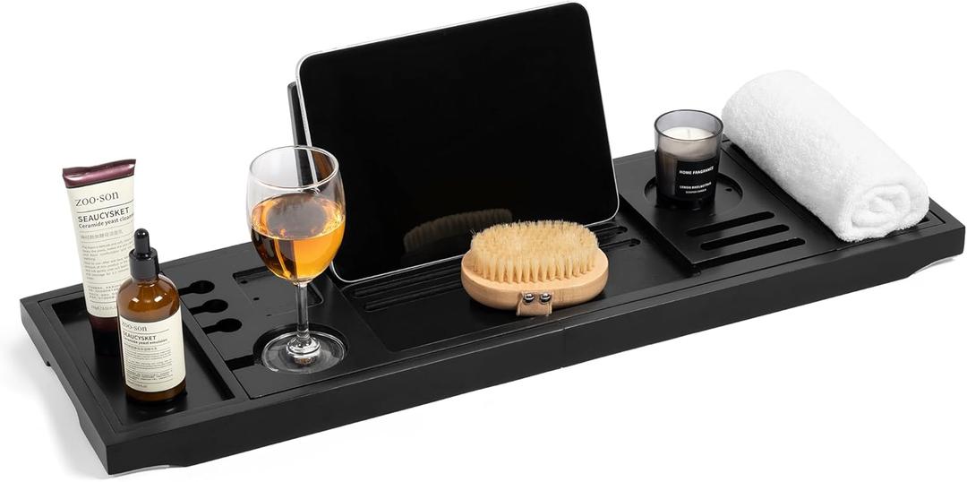 Teak Bathtub Tray | Adjustable Width Tray with WineHolder, Tablet/Phone & Book Stand, Splash-Proof for Bath Time- Black