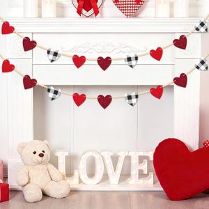 Valentine's Day Garland, 2 Packs Red Pink Heart Felt & Wood Bead Banner, 7.5 FT Heart Garland for Home Fireplace Mantel Shelf Wall, Wedding Anniversary Party Proposal Decorations (REDBLACK)