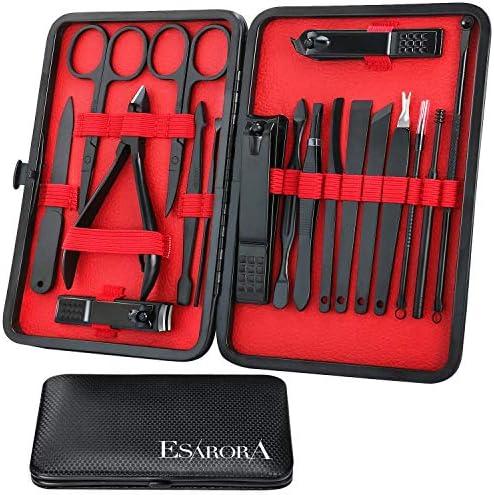 ESARORA Manicure Set, 18 in 1 Stainless Steel Professional Pedicure Kit Nail Scissors Grooming Kit with Black Leather Travel Case