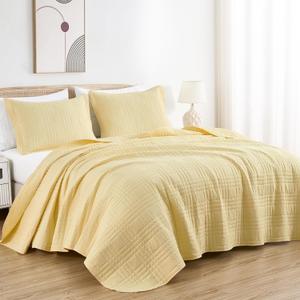 Chezmoi Collection Kingston King Size Bedspread Set, 3-Piece Pastel Yellow Oversized Quilted Microfiber Lightweight Bedspread Coverlet (118"x106") for All Seasons