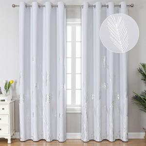 Estelar Textiler Greyish White Room Darkening Curtains 84 Inches Long Silver Palm Tree Pattern Light Filtering Window Curtain Drapes for Bedroom and Living Room, 52Wx84L, 2 Drapes
