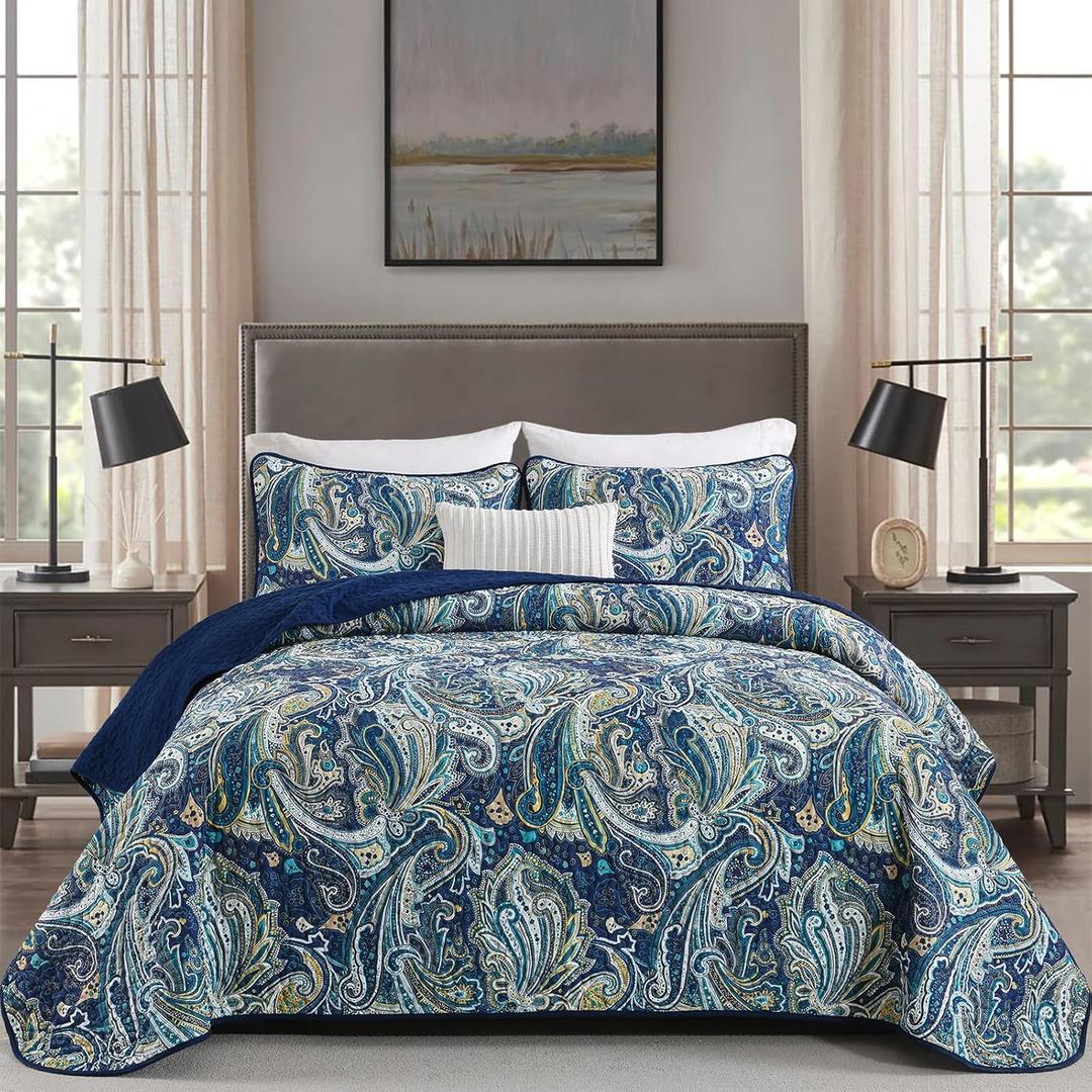 DJY Navy Gold Paisley Quilt Set California King Size - Boho Bedspread Coverlet Set 3 Pieces, Soft Lightweight Microfiber Navy Blue Paisley Floral Pattern Bedding for All Season, 112"x96"
