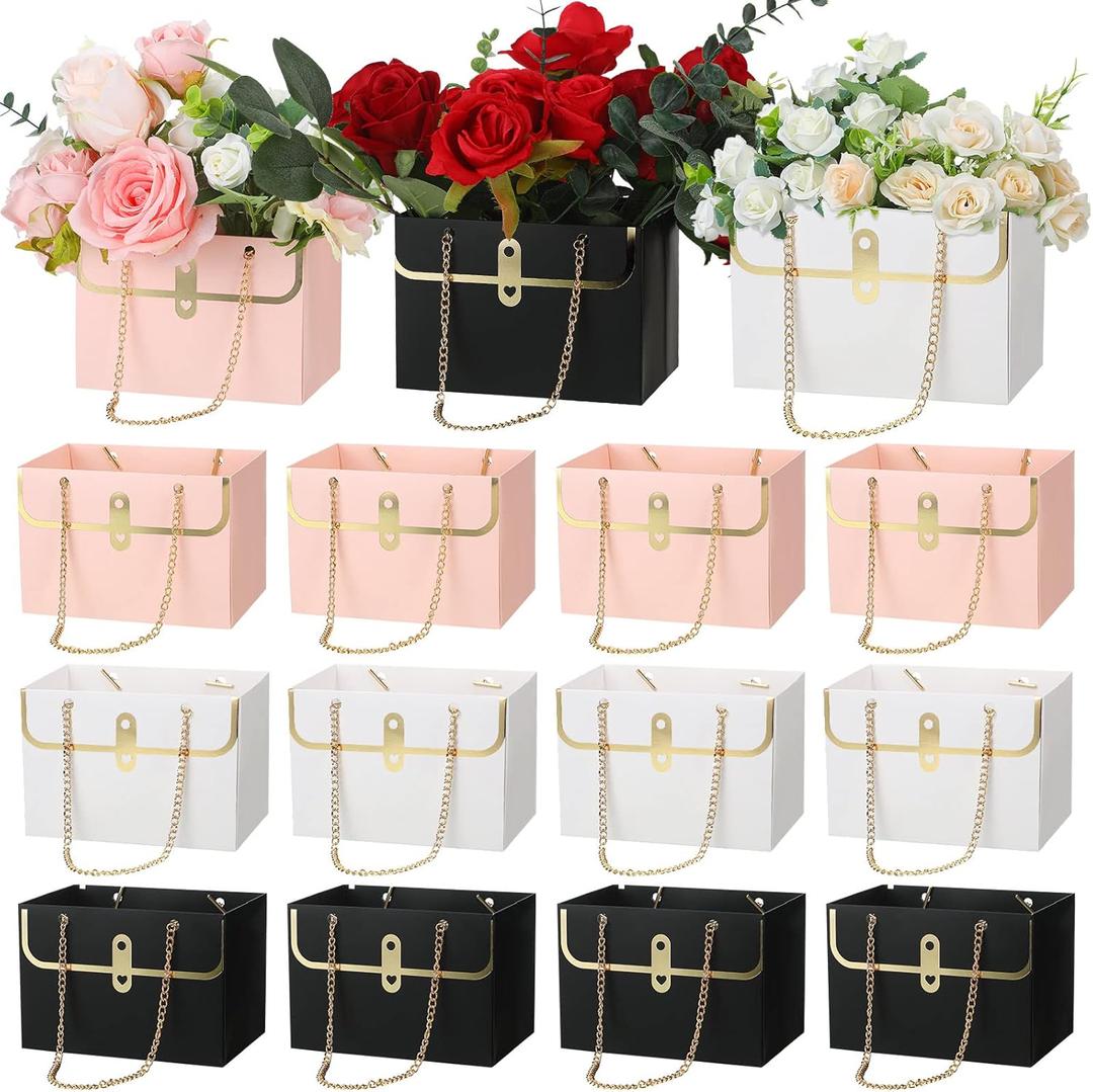 Lincia 12 Pcs Mother's Day Pink White Black Flower Box Wedding Flower Paper Gift Bag Bouquet Boxes with Handle Boxes for Arrangements Bouquet Wrapping Paper for Mother's Day Wedding Baby Shower