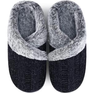 Slippers for Women Fuzzy House Slip on Indoor Outdoor Bedroom Furry Fleece Lined Ladies Comfy Memory Foam Female Home Shoes Anti-Skid Rubber Hard Sole (9-10, 01-Black)