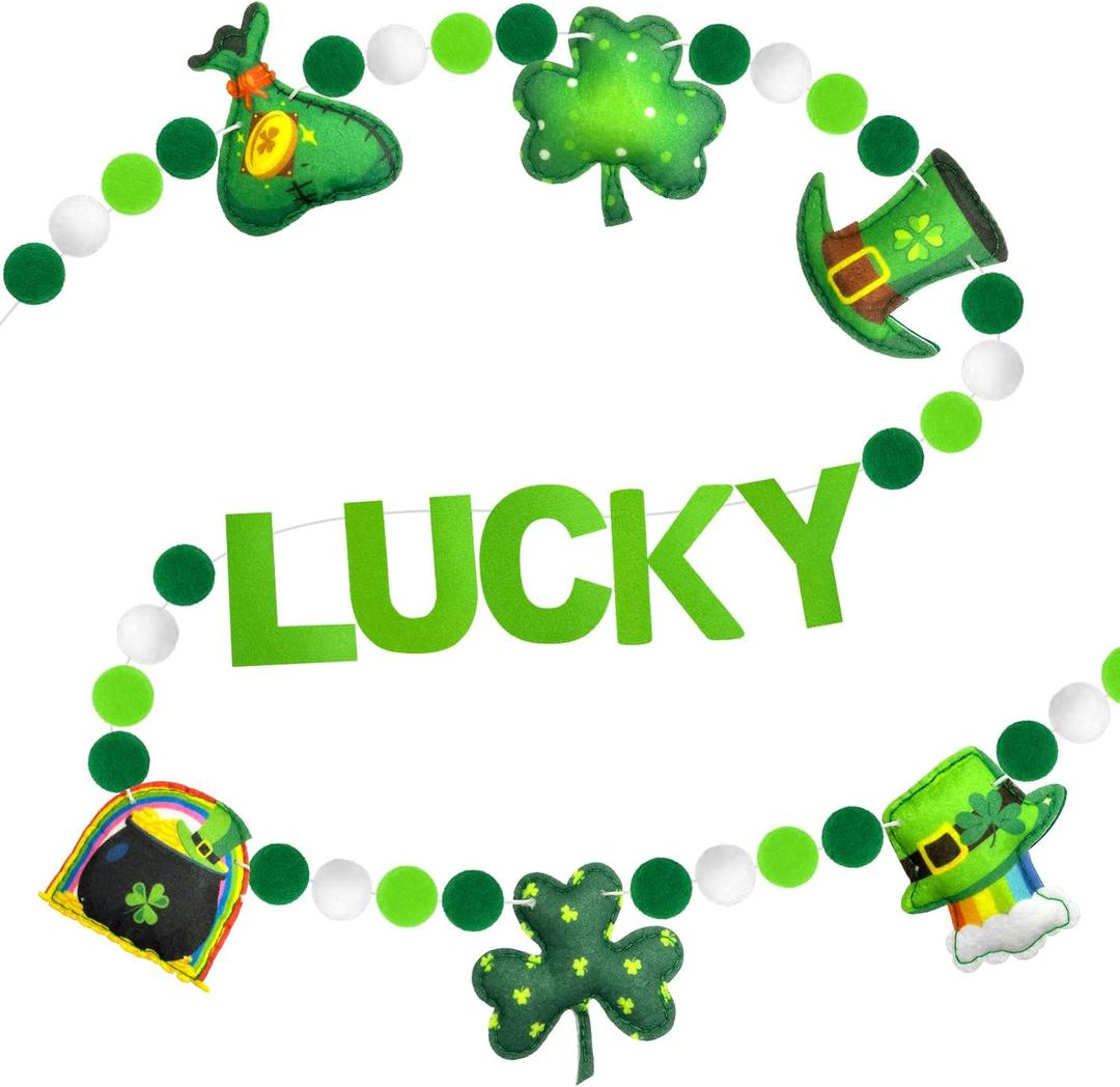 2 x 8.2Ft Felt St. Patrick's Day Garland Shamrock Lucky Pom Pom Banner for Mantle Home Window Irish Themed Party Decor
