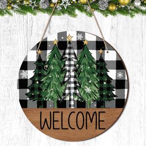 CroBlissful Winter Welcome Door Sign Decoration Rustic Xmas Tree Wonderland Wreath Black White Buffalo Plaid Hanging Sign Farmhouse Decor for Winter Front Porch Door Wall Window