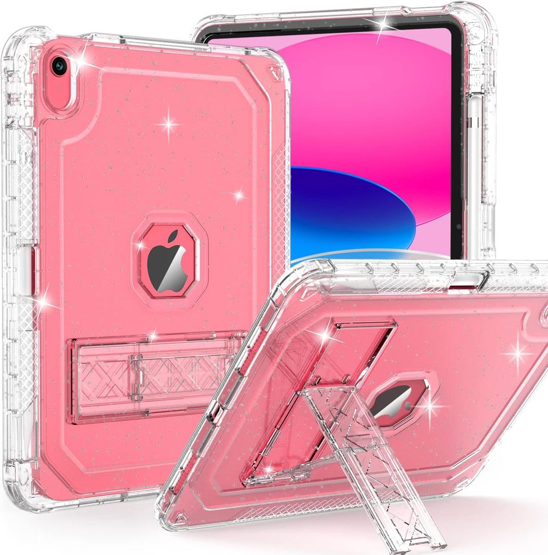 Case for iPad A16 11th Generation 11 Inch 2025 / 10th Gen 10.9 Inch Case 2022, Heavy Duty Shockproof Rugged Protective Translucent Cover with Pencil Holder Kickstand, Clear Glitter