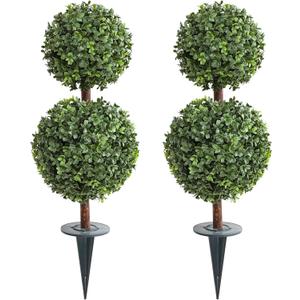 Momoplant Artificial Topiary Double Ball Trees with Ground Spike 27 Inch for Outdoor/Indoor [2 Pack] 2 Ft Faux Boxwood Plants