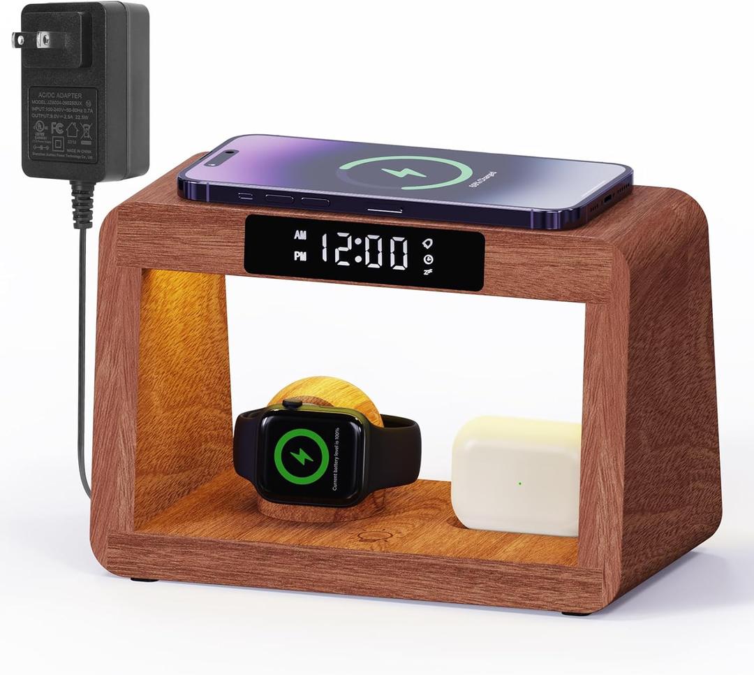 Wooden Bedside Table Lamp with Wireless Charging Station, LED Clock Display, 3 Night Light Modes, Bamboo (Sapele)