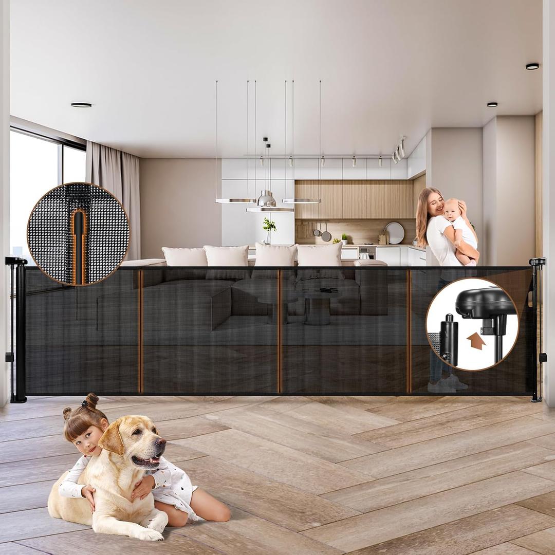 200.1" Retractable Baby Gate Extra Wide, 35.1" Tall Retractable Dog Gate for Stairs, Doorways, Decks, Mesh Gate Long Child Gate Pet Gate for Indoor, Outdoor, with Reinforced Mesh Rods, Dual Locks (Black)
