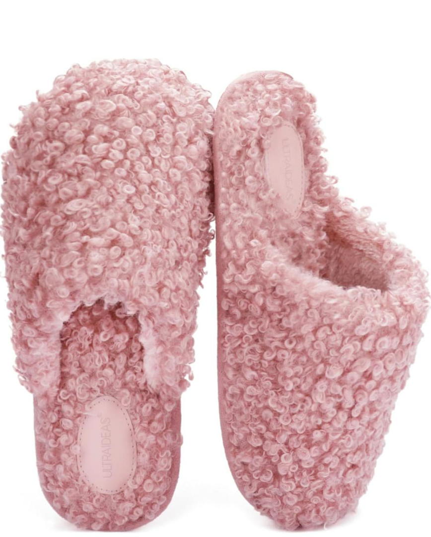 ULTRAIDEAS Women's Fuzzy Slip-on Slippers, Cozy Indoor House Shoes with Memory Foam, Pink, US 7-8