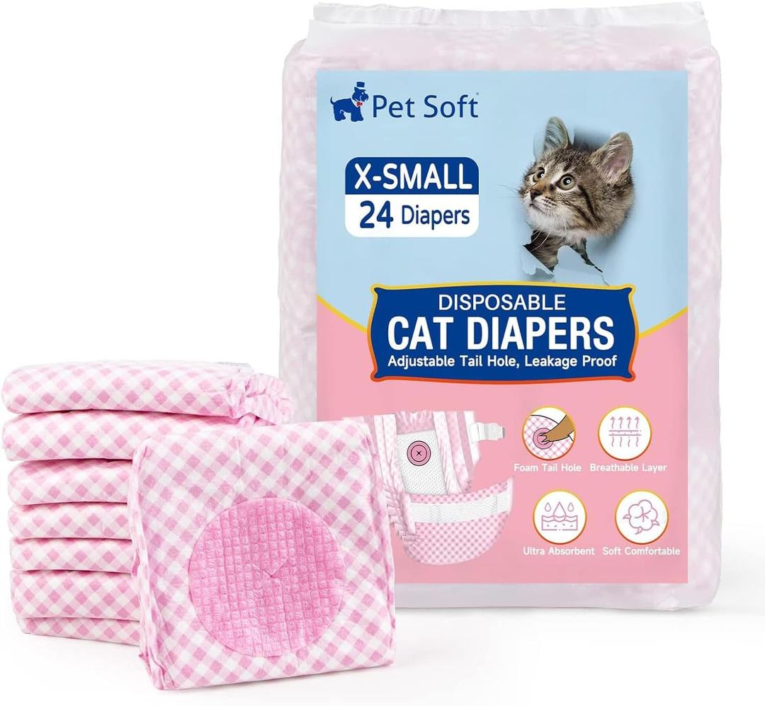 Pet Soft Disposable Cat Diapers for Female & Male Cats, Puppy Doggie Diapers for Female Dogs with Adjustable Foam Tail Hole, 24pcs XSmall (X-Small (24Pcs, PK Plaid))