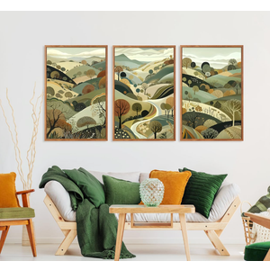 Aurlan Abstract Mountain Landscape Wall Art Set(16”x24”), 3 Pieces Green Forest Nature Framed Canvas Artwork, Large Boho Minimalist Watercolor Scenery Wall Decor For Office Bedroom Living Room
