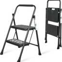 2 Step Ladder, Portable Steel Folding Step Stool with Wide Anti-Slip Pedal & Convenient Handgrip, 500lbs Sturdy Steel Ladder, Black
