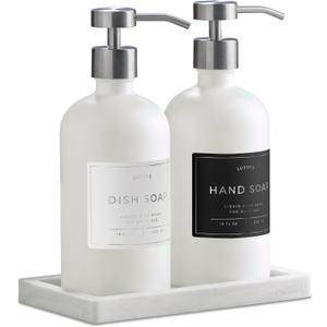 Glass Soap Dispenser Set of 2 (White) with Silicone Tray | Hand and Dish Soap Dispenser for Kitchen and Bathroom | 16.8 Oz Glass Bottles with Stainless Steel Pump & 15 Waterproof Labels (White/Silver)