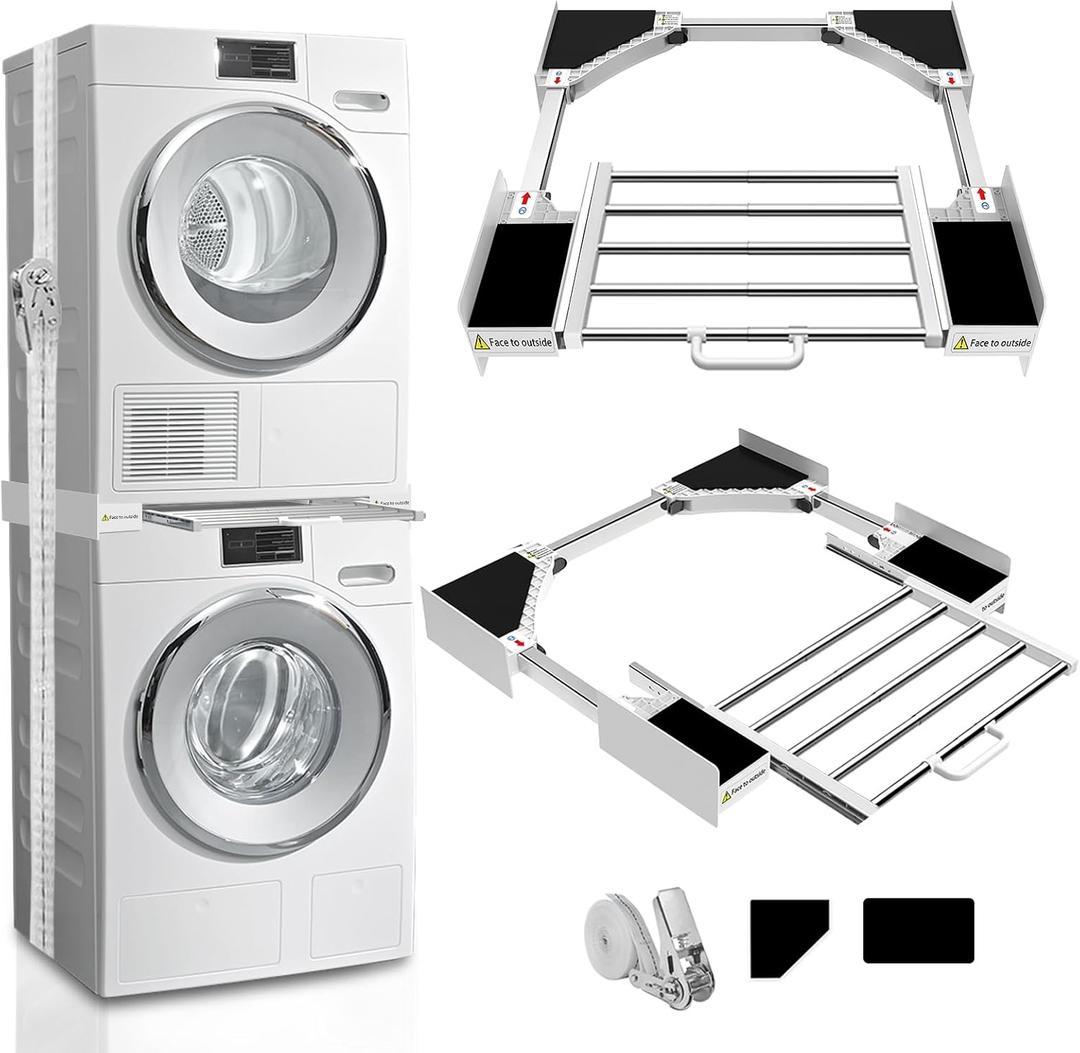 Kiss Core Washer Dryer Stacking Kit 29 inch, Universal Washer and Dryer Stacking Kit with Pull Out Drying Rack, Adjustable 29"/28"/27"/26"/25"/24" Stacking Kit with Ratchet Strap
