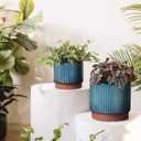 LE TAUCI Ceramic Plant Pots with Drainage Holes, Set of 3, 8+6.7+5.5 Inch Stripe Garden Planter Pots for Outdoor Indoor Plants Flower, Round Succulent Orchid Flower Pot, Reactive Glaze Green