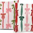 Coquette Pink and Green Christmas Bows Pillow Covers 18x18 Set of 2, Preppy Christmas Decor, Girly Pink Red and Green Xmas Ribbon Decorative Throw Pillow Covers for Girls Room Dorm Home