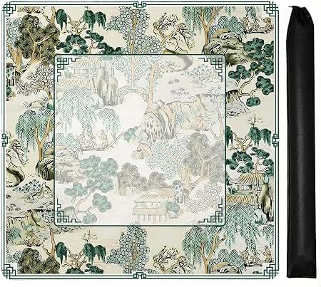 Green Chinoiserie Mahjong Mat 31.5" x 31.5", Vintage Green Oriental Non-Slip Noise Reduction Mahjong Table Cover Accessories and Supplies for Dominoes Poker Card Board and Tile Games Gifts