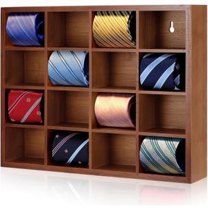 Wesiti Tie Box Organizer Wall Mounted Tie Rack with 16 Compartments Bamboo Belt Holder for Men Scarf Necktie Home Wall Closet (Dark Brown Color, 1 Piece)